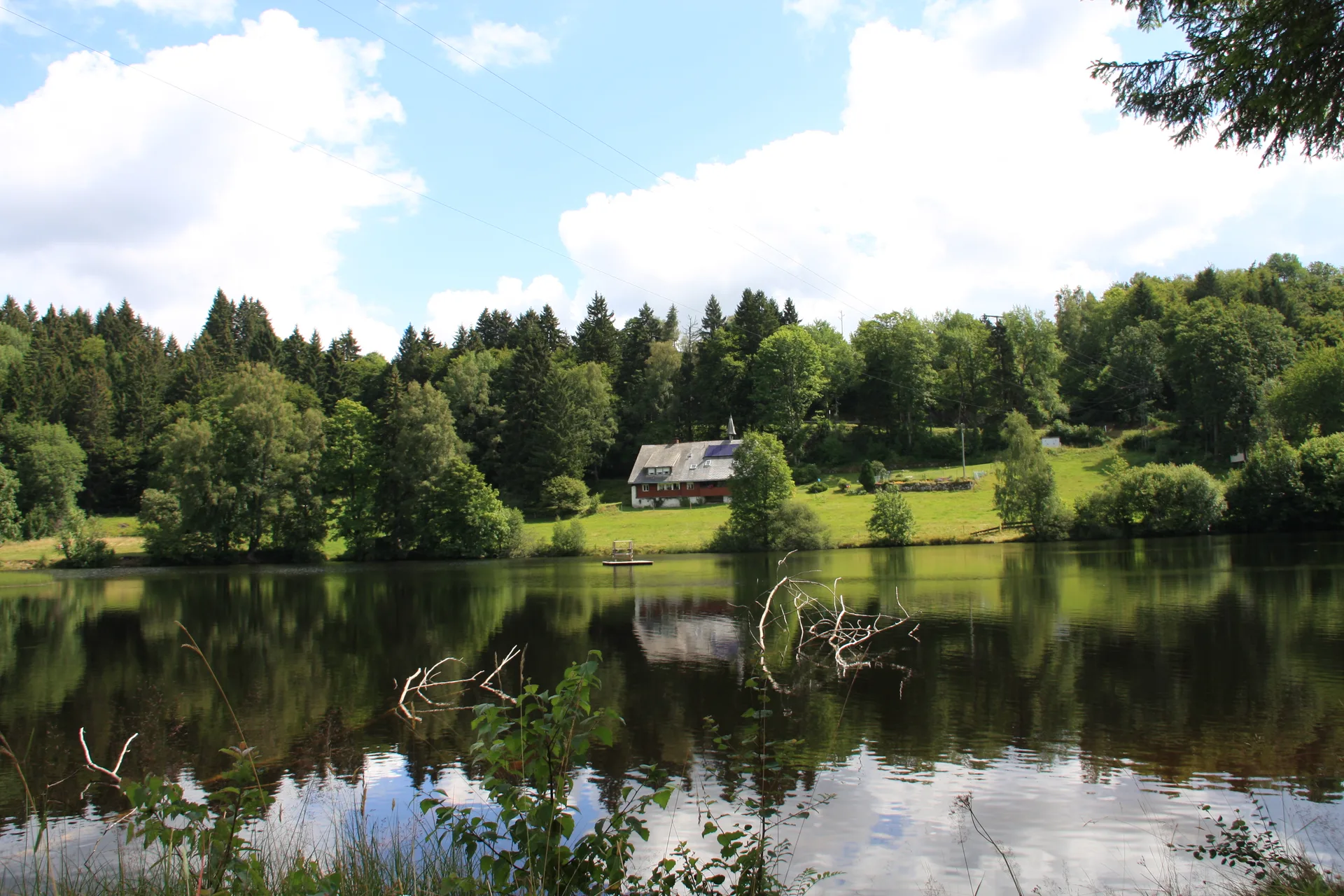 Klosterweiher mit Wald, Wiese und dem Landgasthof am Ufer
